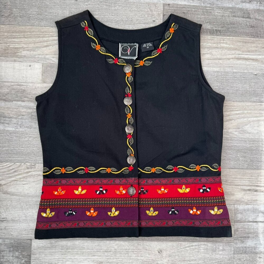 Vintage Valencia Black Denim Embroidered Vest Autumn, S-Button N35